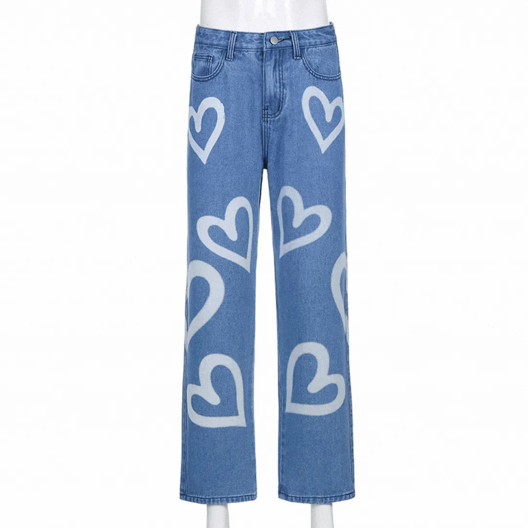 High Waisted Heart Print Blue Baggy Jean