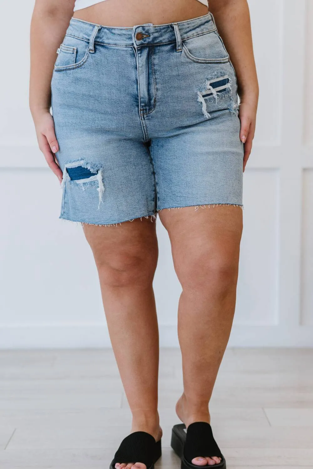 Judy Blue, Denim Patch High Rise Mid Thigh Shorts