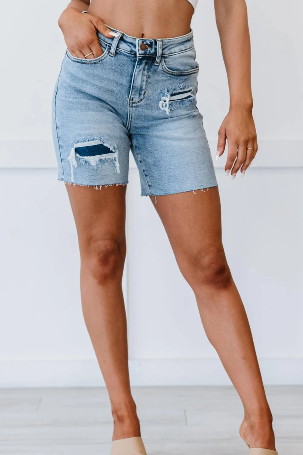 Judy Blue, Denim Patch High Rise Mid Thigh Shorts