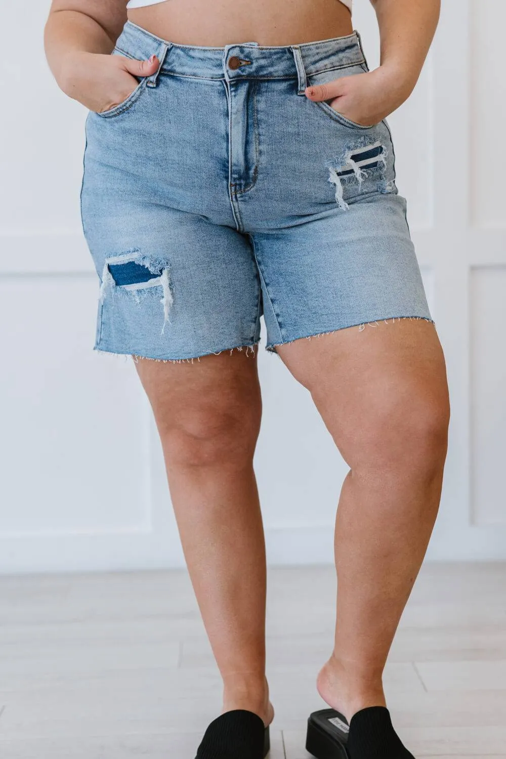 Judy Blue, Denim Patch High Rise Mid Thigh Shorts