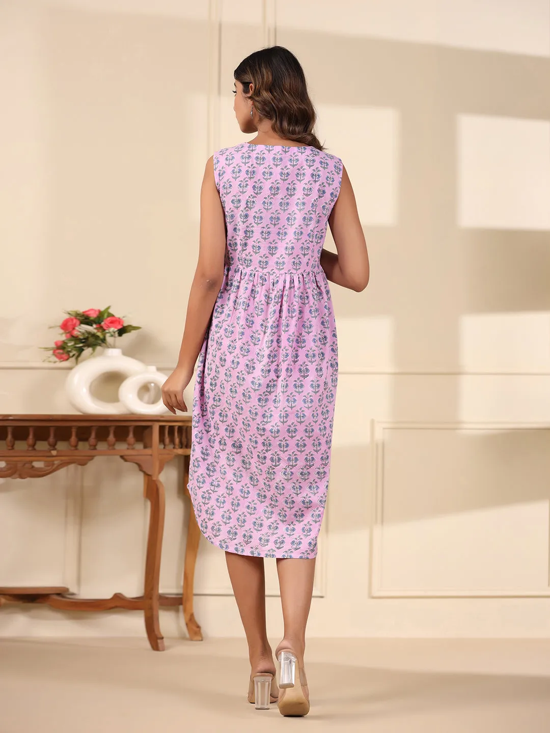 Lavender Handblock Printed Cotton Dress