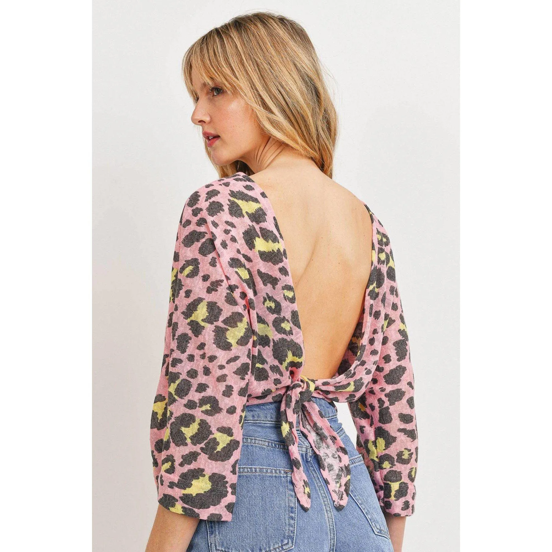 Leopard Knit Back Opened Short Sleeve Top