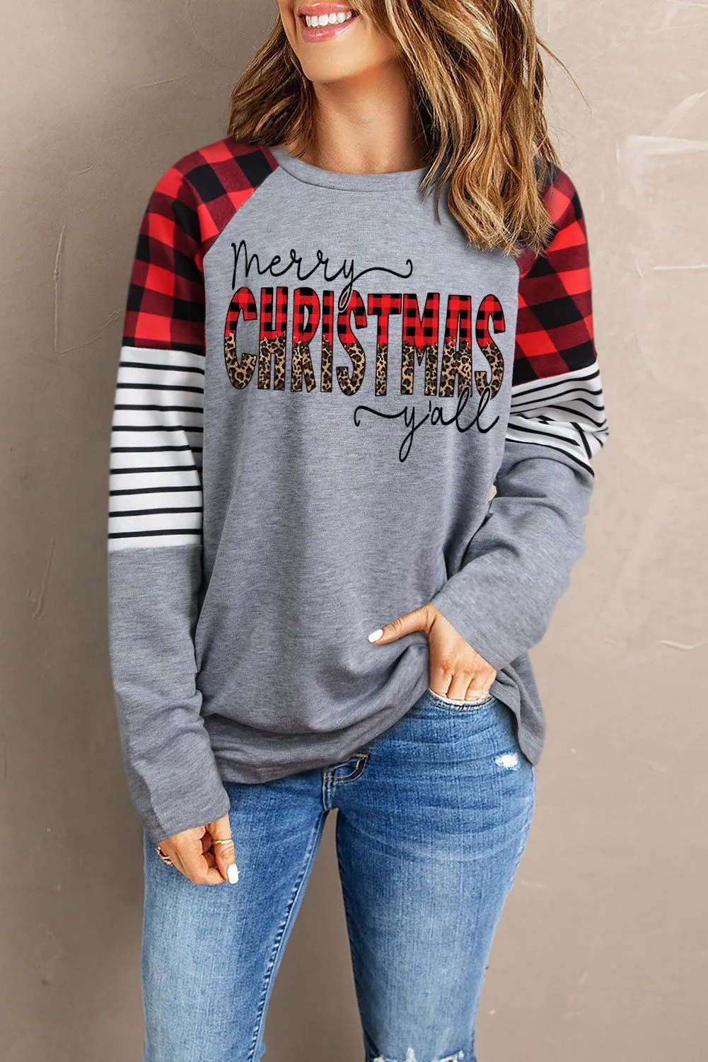 Merry Christmas Y'all Plaid Striped T-Shirt Xmas Holiday Long Sleeve Top