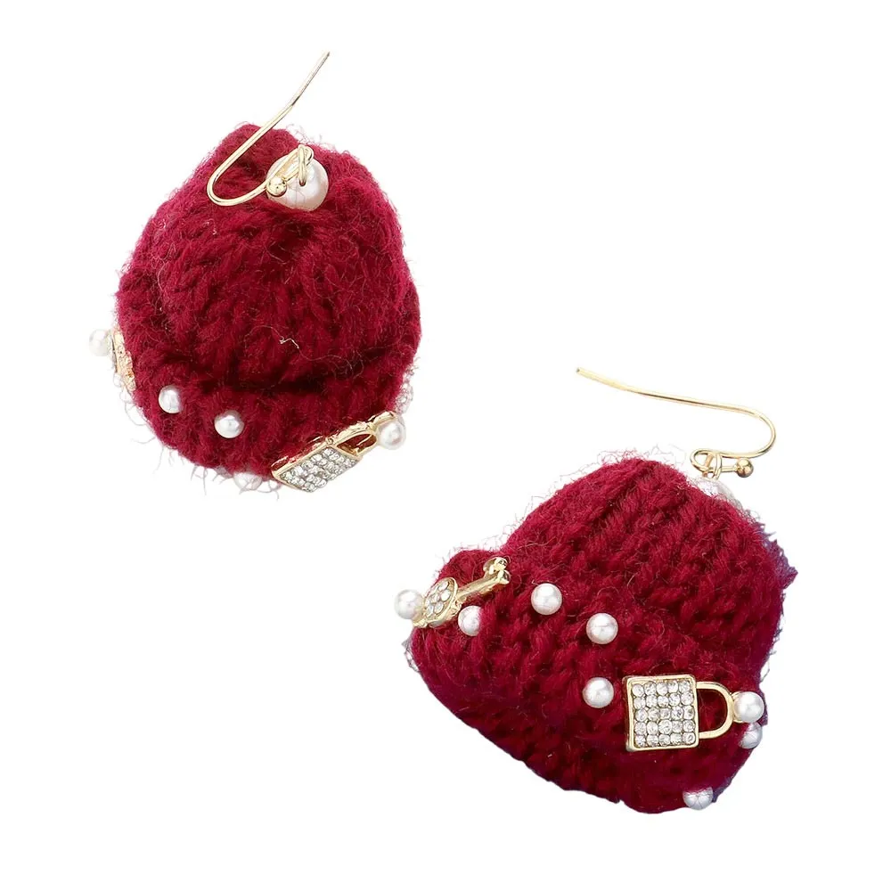 Pearl Key Heart Lock Embellished Knit Beanie Hat Dangle Earrings