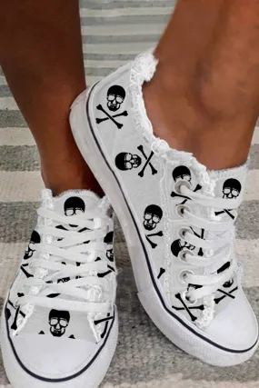 Skull Print Sneakers Lace Up Canvas Shoes For Women