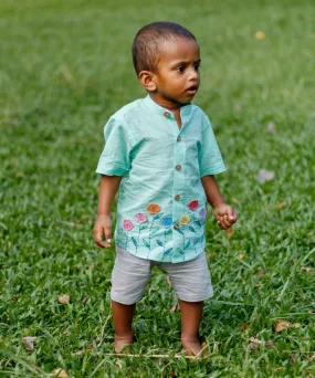 Sky blue floral handembroidered cotton shirt