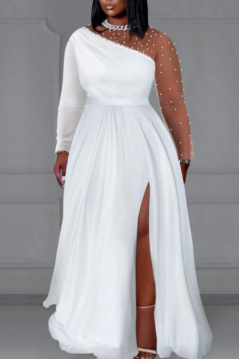 Xpluswear Design Plus Size Wedding White Round Neck Long Sleeve Split Pearls Maxi Dresses [Pre-Order]