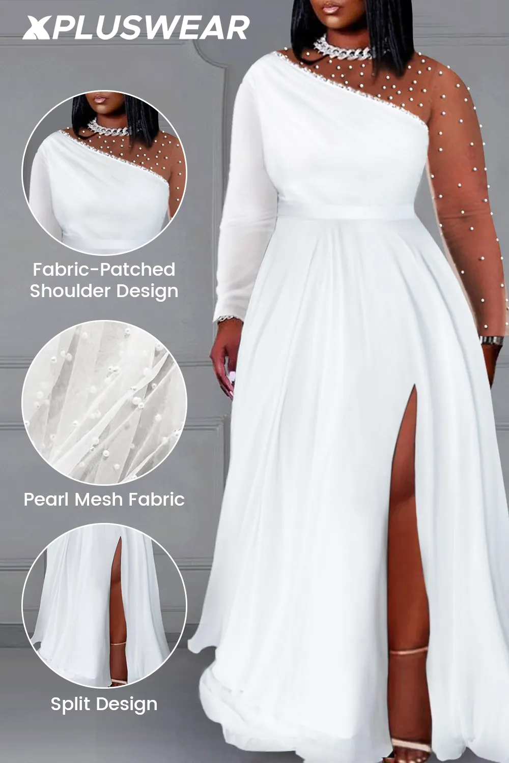 Xpluswear Design Plus Size Wedding White Round Neck Long Sleeve Split Pearls Maxi Dresses [Pre-Order]